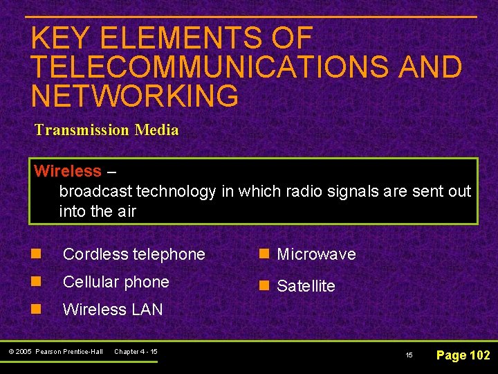 KEY ELEMENTS OF TELECOMMUNICATIONS AND NETWORKING Transmission Media Wireless – broadcast technology in which