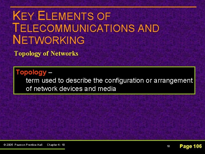 KEY ELEMENTS OF TELECOMMUNICATIONS AND NETWORKING Topology of Networks Topology – term used to