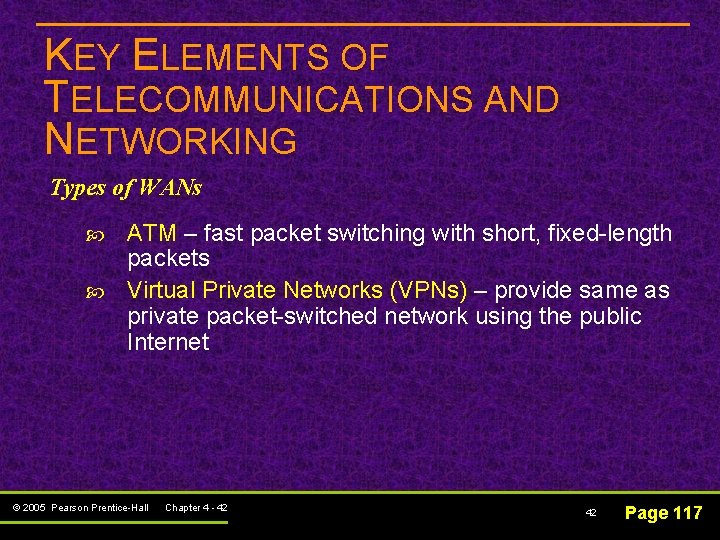 KEY ELEMENTS OF TELECOMMUNICATIONS AND NETWORKING Types of WANs ATM – fast packet switching