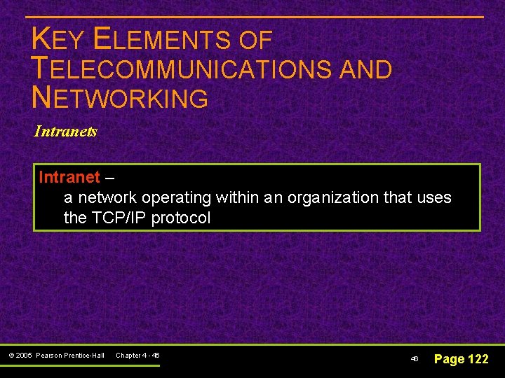 KEY ELEMENTS OF TELECOMMUNICATIONS AND NETWORKING Intranets Intranet – a network operating within an