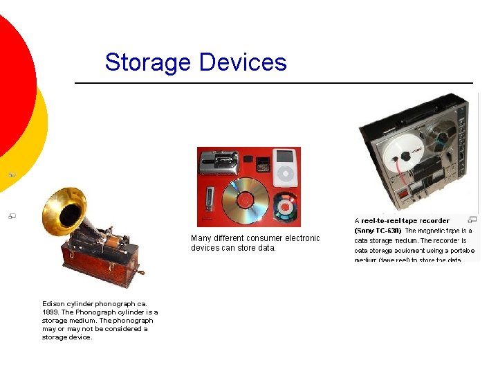 Storage Devices Many different consumer electronic devices can store data. Edison cylinder phonograph ca.