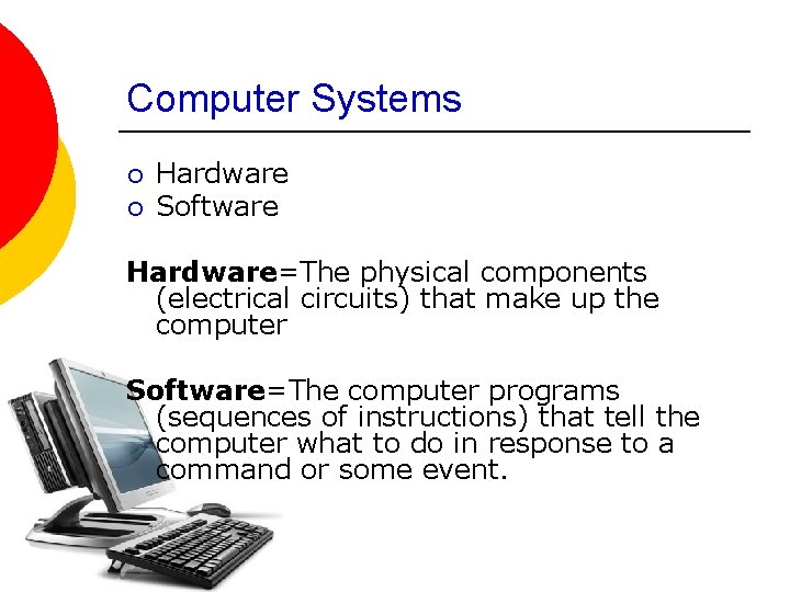 Computer Systems ¡ ¡ Hardware Software Hardware=The physical components (electrical circuits) that make up