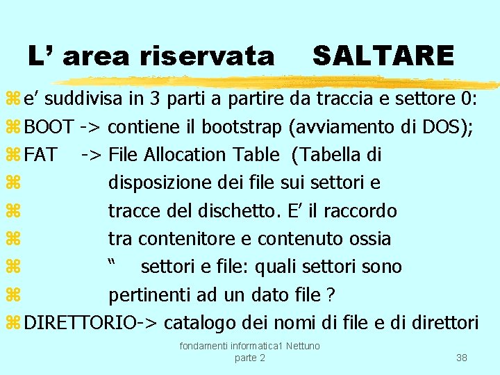 L’ area riservata SALTARE z e’ suddivisa in 3 parti a partire da traccia