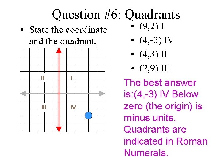 Question #6: Quadrants • State the coordinate and the quadrant. II I III IV