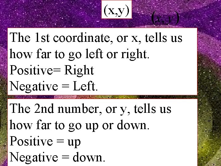 (x, y) The 1 st coordinate, or x, tells us how far to go