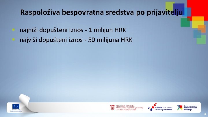 Raspoloživa bespovratna sredstva po prijavitelju § najniži dopušteni iznos - 1 milijun HRK §