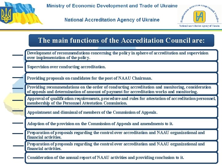 The main functions of the Accreditation Council are: Development of recommendations concerning the policy