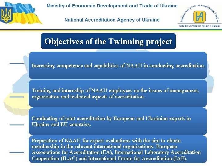 Objectives of the Twinning project Increasing competence and capabilities of NAAU in conducting accreditation.