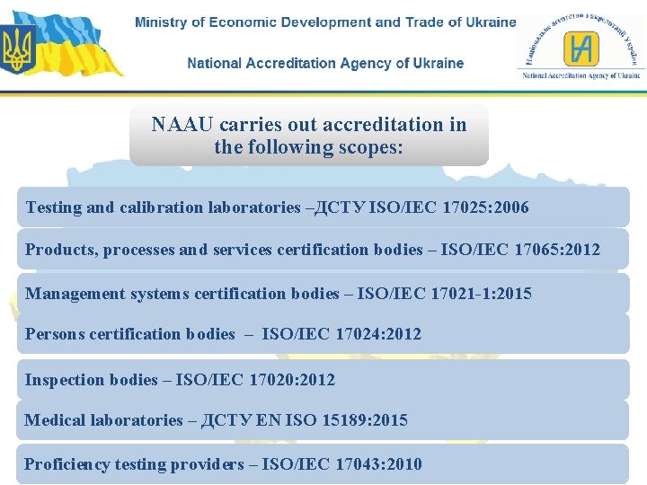 NAAU carries out accreditation in the following scopes: Testing and calibration laboratories –ДСТУ ISO/IEC