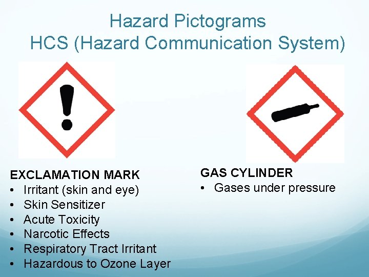 Hazard Pictograms HCS (Hazard Communication System) EXCLAMATION MARK • Irritant (skin and eye) •