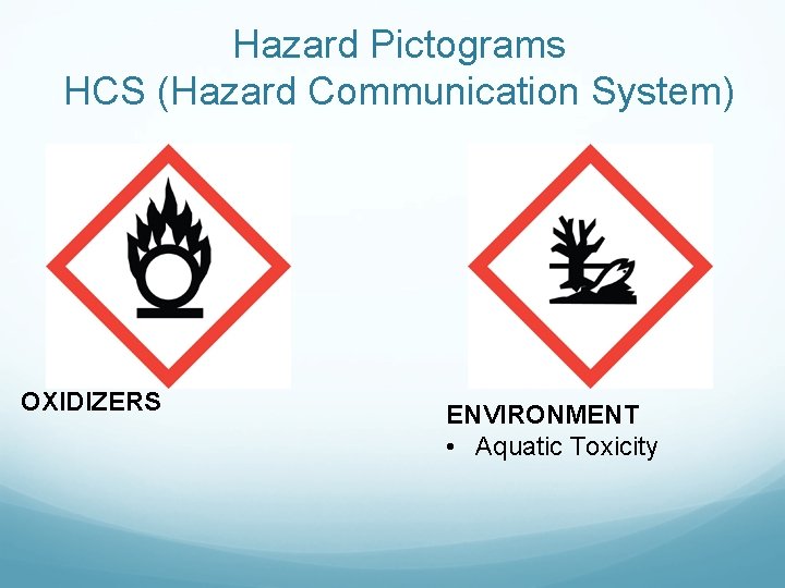 Hazard Pictograms HCS (Hazard Communication System) OXIDIZERS ENVIRONMENT • Aquatic Toxicity 