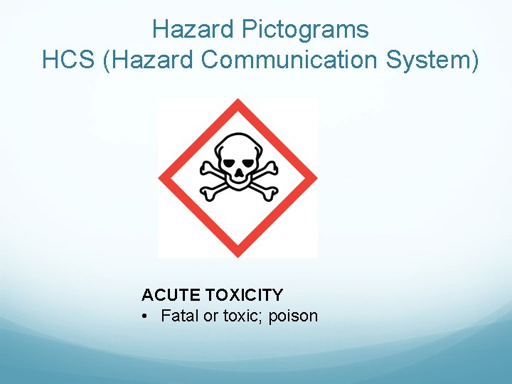 Hazard Pictograms HCS (Hazard Communication System) ACUTE TOXICITY • Fatal or toxic; poison 