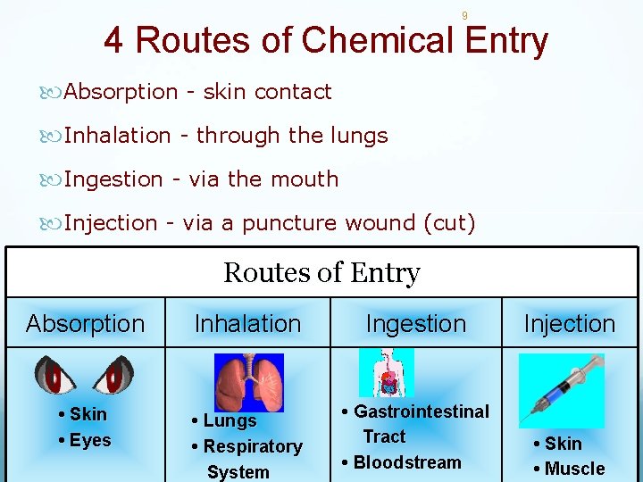 9 4 Routes of Chemical Entry Absorption - skin contact Inhalation - through the