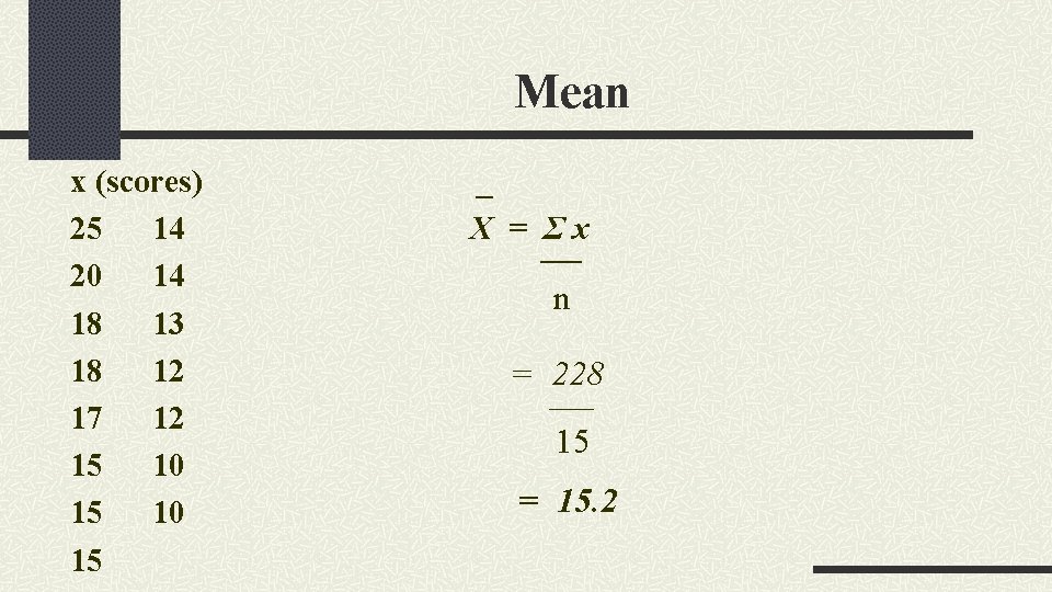 Mean x (scores) 25 14 20 14 18 13 18 12 17 12 15