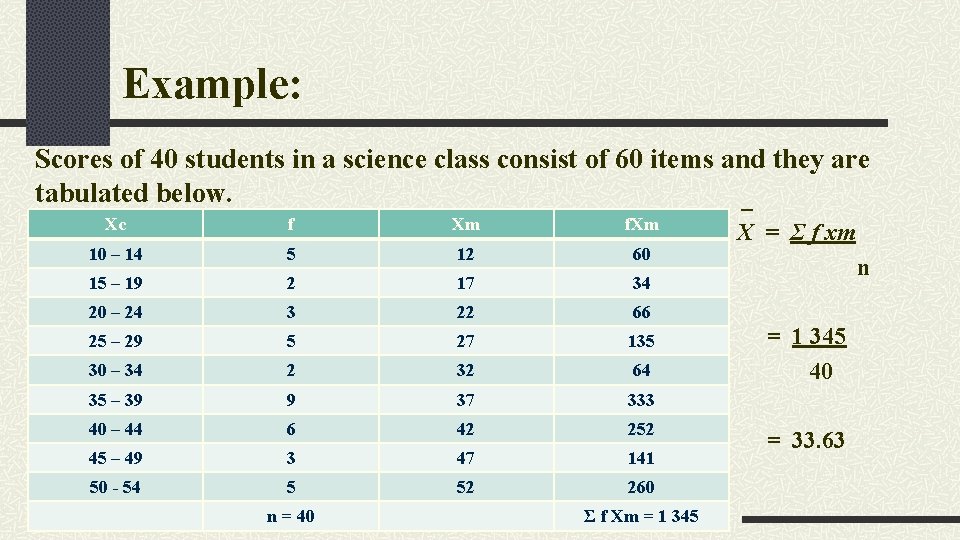 Example: Scores of 40 students in a science class consist of 60 items and