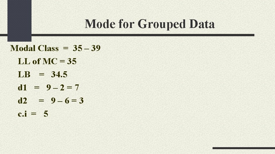 Mode for Grouped Data Modal Class = 35 – 39 LL of MC =