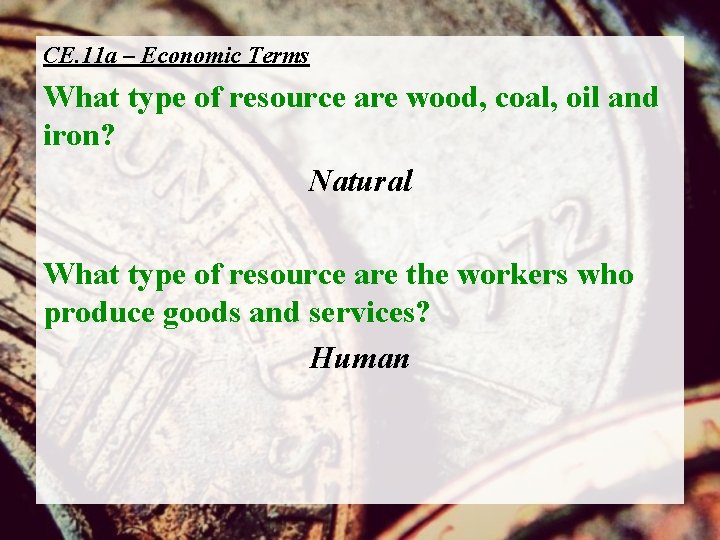 CE. 11 a – Economic Terms What type of resource are wood, coal, oil