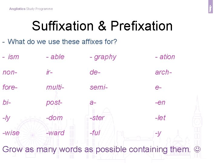 Anglistics Study Programme Suffixation & Prefixation - What do we use these affixes for?