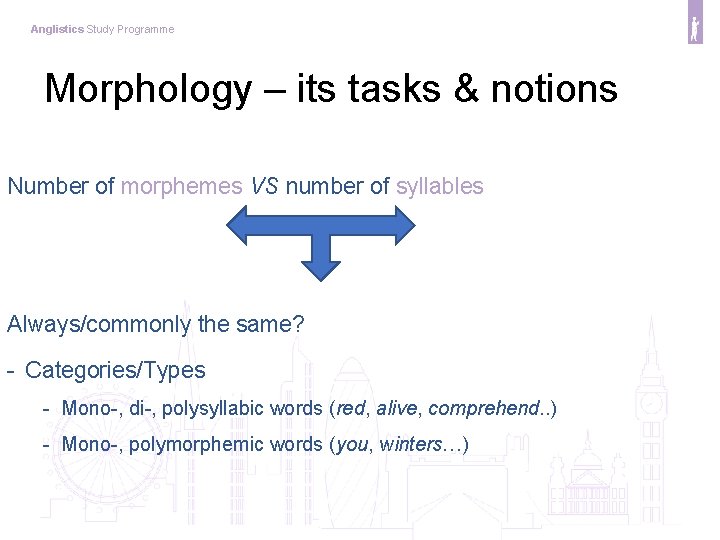 Anglistics Study Programme Morphology – its tasks & notions Number of morphemes VS number