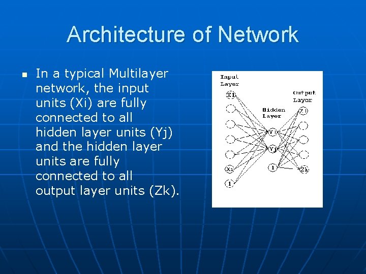 Architecture of Network n In a typical Multilayer network, the input units (Xi) are