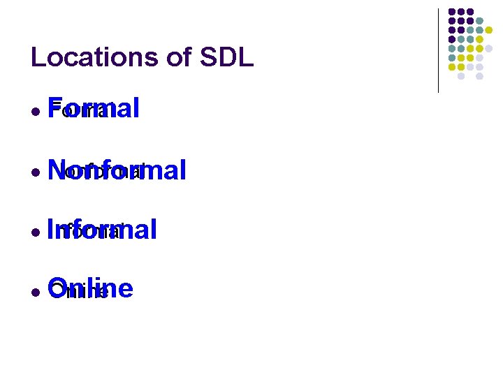 Locations of SDL l Formal l Nonformal l Informal l Online 