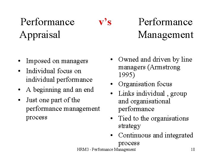 Performance Appraisal v’s • Imposed on managers • Individual focus on individual performance •