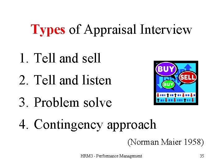 Types of Appraisal Interview 1. Tell and sell 2. Tell and listen 3. Problem