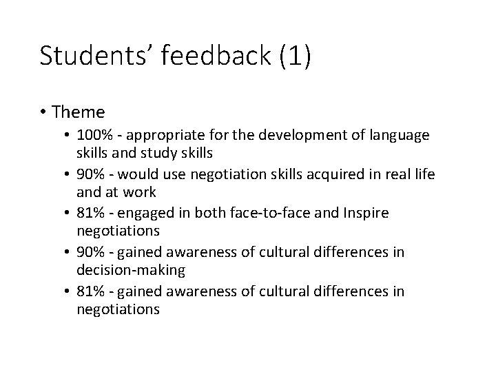 Students’ feedback (1) • Theme • 100% - appropriate for the development of language