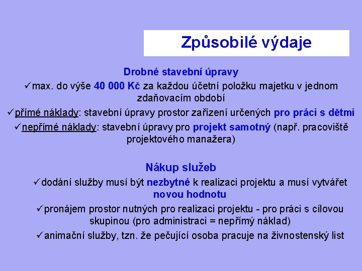 Způsobilé výdaje Drobné stavební úpravy ümax. do výše 40 000 Kč za každou účetní