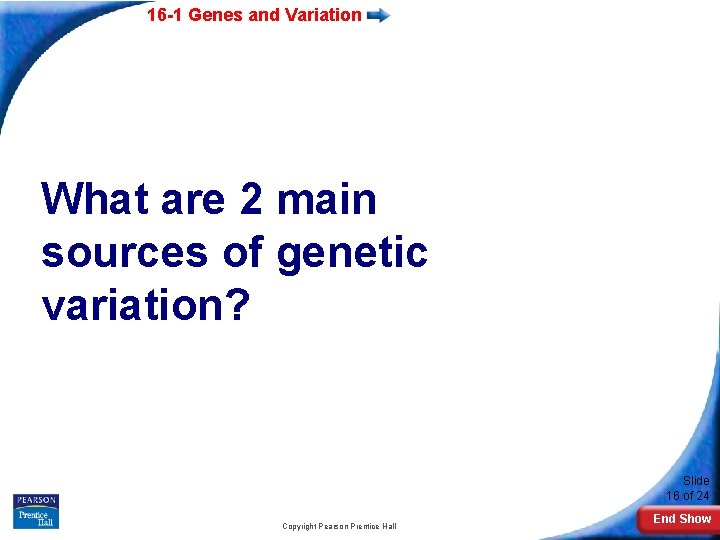 16 -1 Genes and Variation What are 2 main sources of genetic variation? Slide