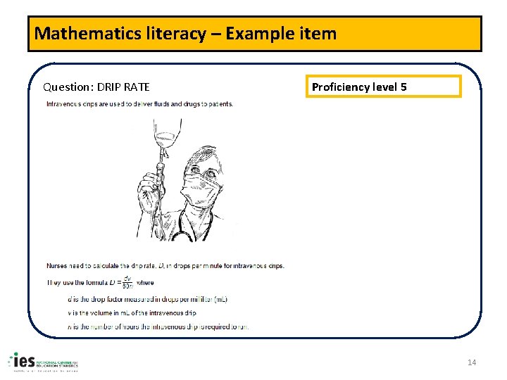 Mathematics literacy – Example item Question: DRIP RATE Proficiency level 5 14 
