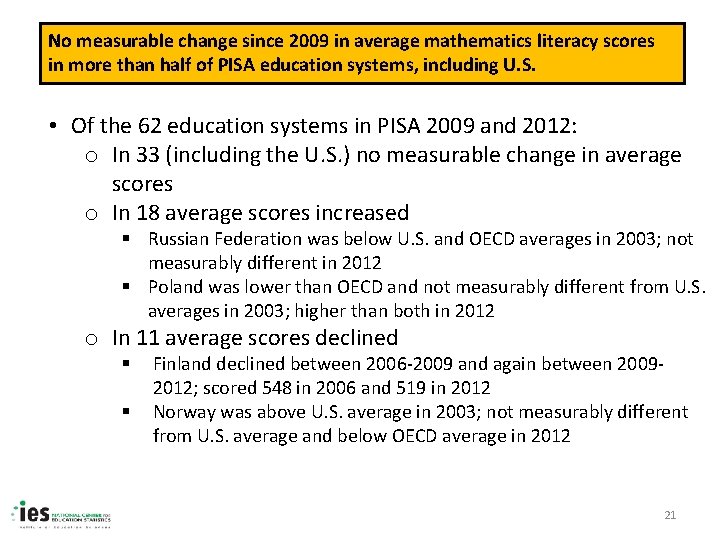 No measurable change since 2009 in average mathematics literacy scores in more than half