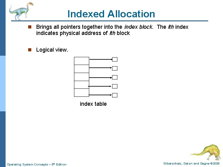 Indexed Allocation n Brings all pointers together into the index block. The ith index