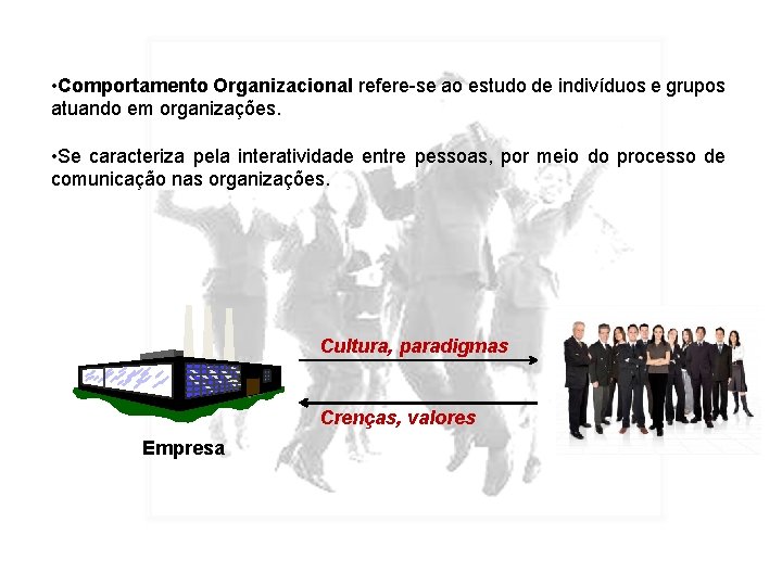  • Comportamento Organizacional refere-se ao estudo de indivíduos e grupos atuando em organizações.