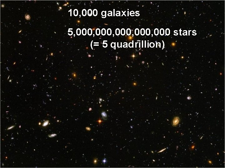 10, 000 galaxies 5, 000, 000 stars (= 5 quadrillion) 10, 000 galaxies 5, 000, 000 stars (= 5 quadrillion)