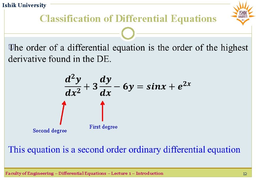Ishik University Classification of Differential Equations � Second degree First degree Faculty of Engineering