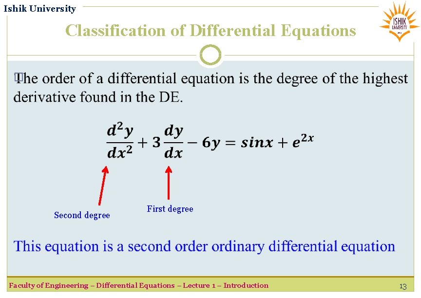 Ishik University Classification of Differential Equations � Second degree First degree Faculty of Engineering