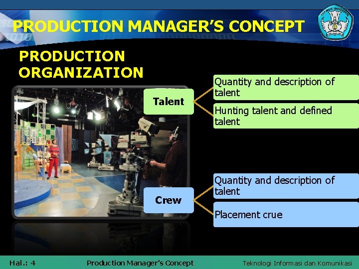 PRODUCTION MANAGER’S CONCEPT PRODUCTION ORGANIZATION Talent Crew Quantity and description of talent Hunting talent