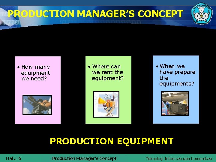PRODUCTION MANAGER’S CONCEPT • How many equipment we need? • Where can we rent