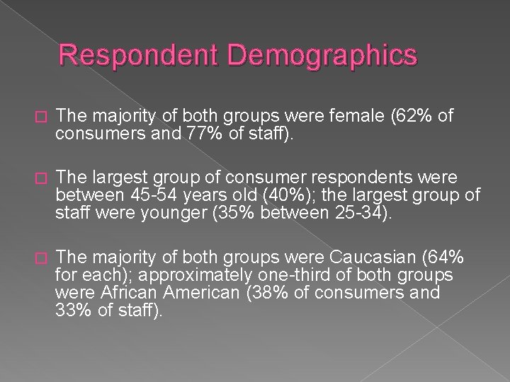 Respondent Demographics � The majority of both groups were female (62% of consumers and Respondent Demographics � The majority of both groups were female (62% of consumers and