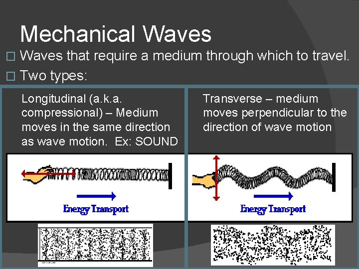 Mechanical Waves that require a medium through which to travel. � Two types: �
