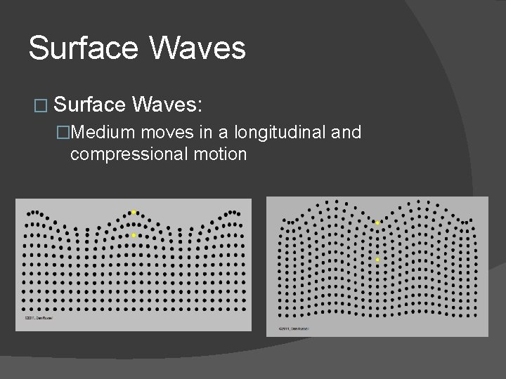Surface Waves � Surface Waves: �Medium moves in a longitudinal and compressional motion Water