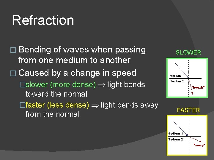 Refraction � Bending of waves when passing from one medium to another � Caused