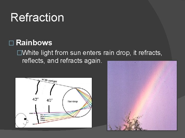 Refraction � Rainbows �White light from sun enters rain drop, it refracts, reflects, and