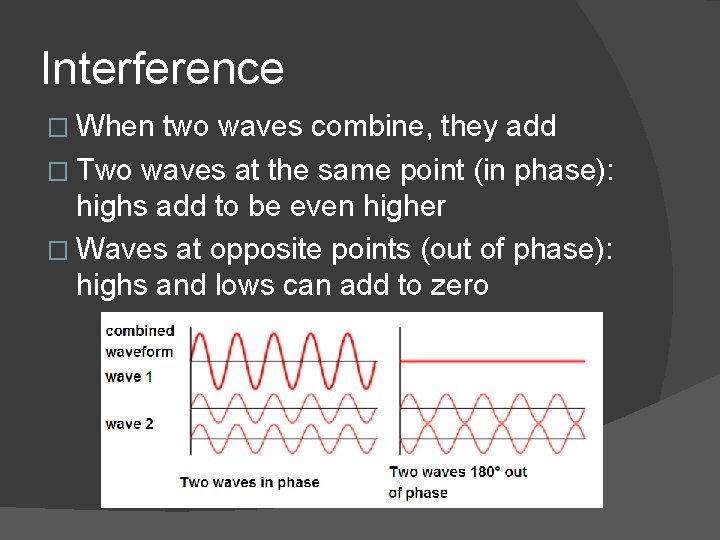 Interference � When two waves combine, they add � Two waves at the same