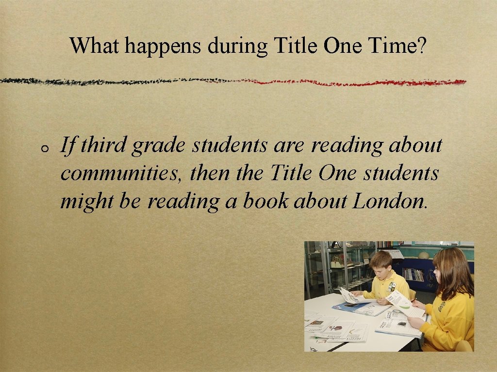 What happens during Title One Time? If third grade students are reading about communities,