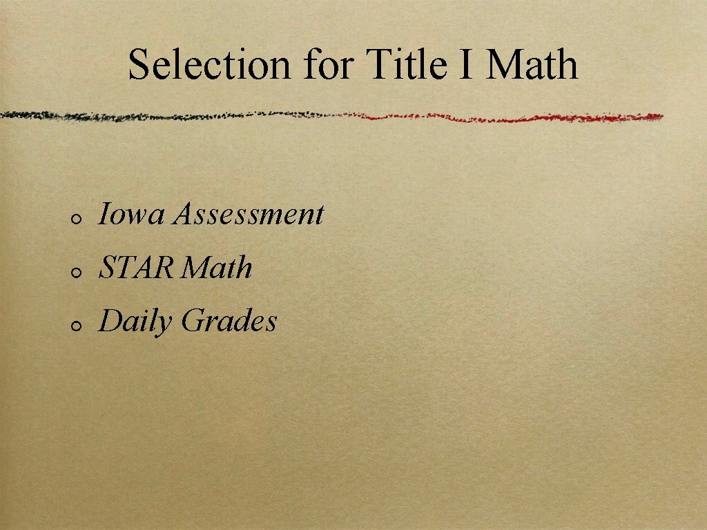 Selection for Title I Math Iowa Assessment STAR Math Daily Grades 