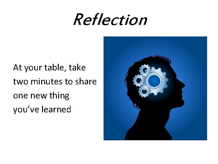 Reflection At your table, take two minutes to share one new thing you’ve learned
