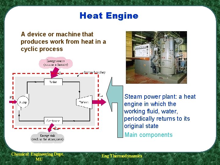 Heat Engine A device or machine that produces work from heat in a cyclic Heat Engine A device or machine that produces work from heat in a cyclic