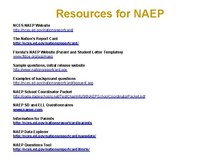 Resources for NAEP NCES NAEP Website http: //nces. ed. gov/nationsreportcard/ The Nation’s Report Card